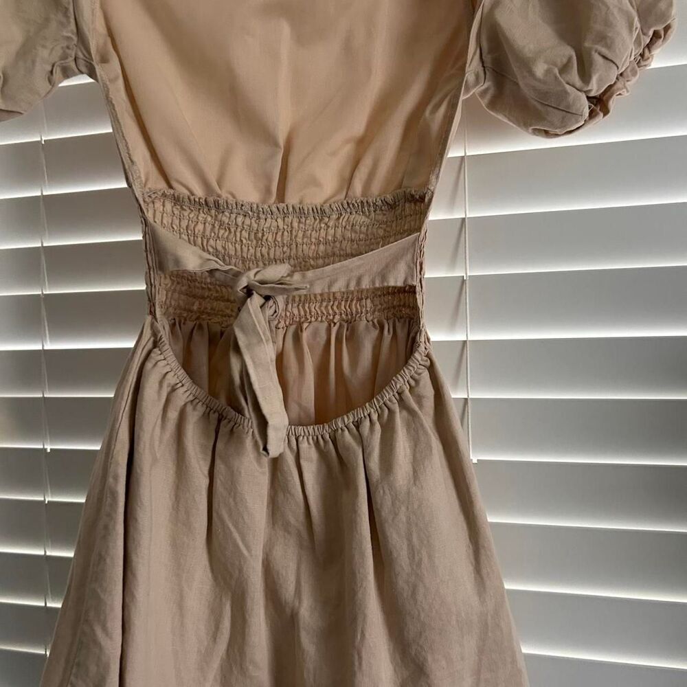 Peppermayo tan Lani Linen open back Mini Dress | babydoll size 2 - Picture 7 of 8